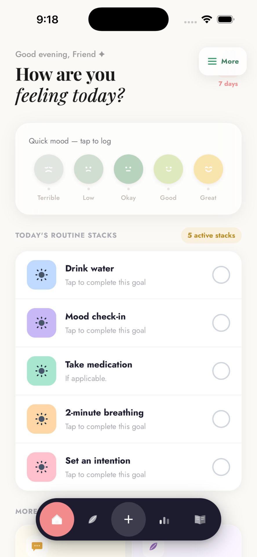 Cope home screen with quick mood logging